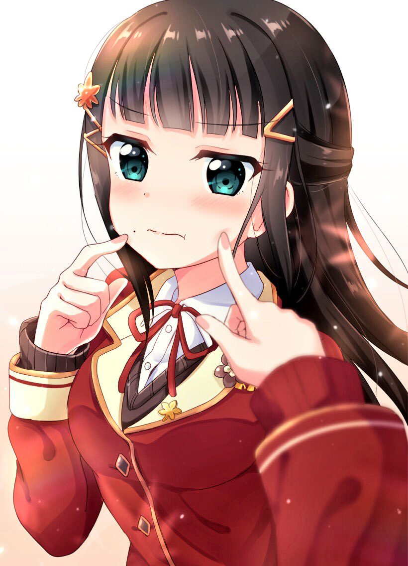 badge bangs black_hair blue_eyes blunt_bangs blush button_badge cheek_poking commentary_request eyebrows_visible_through_hair female_pov finger_to_cheek hair_ornament hairclip half_updo kurosawa_dia leaf_hair_ornament long_hair long_sleeves looking_at_viewer love_live! love_live!_sunshine!! mole mole_under_mouth multiple_girls nail_polish neck_ribbon pink_nails pipette1223 poking pov pov_hands red_cardigan red_neckwear ribbon school_uniform solo_focus upper_body