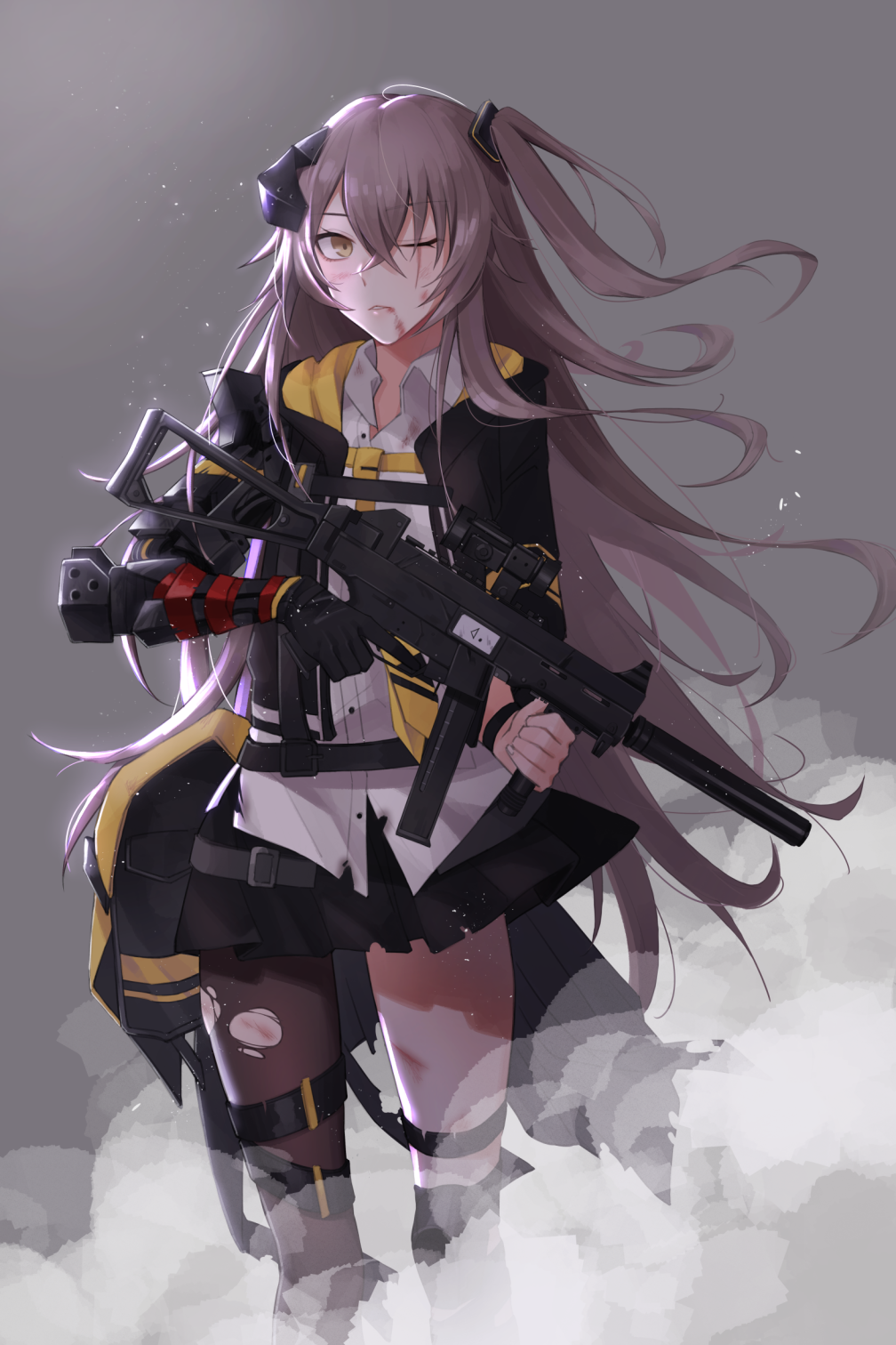 bangs black_gloves black_legwear collared_shirt commentary damaged deep_wound eyebrows_visible_through_hair floating_hair girls_frontline gloves grey_hair gun h&amp;k_ump h&amp;k_ump45 hair_between_eyes hair_ornament headgear heckler_&amp;_koch highres holding holding_gun holding_weapon hood hood_down hooded_jacket injury jacket long_hair looking_at_viewer mechanical_arm mod3_(girls_frontline) one-eyed one_side_up open_clothes open_jacket pantyhose parted_lips qb_516 scar scar_across_eye shirt sidelocks skirt solo submachine_gun thigh_strap torn_clothes torn_legwear ump45_(girls_frontline) untucked_shirt weapon white_shirt yellow_eyes