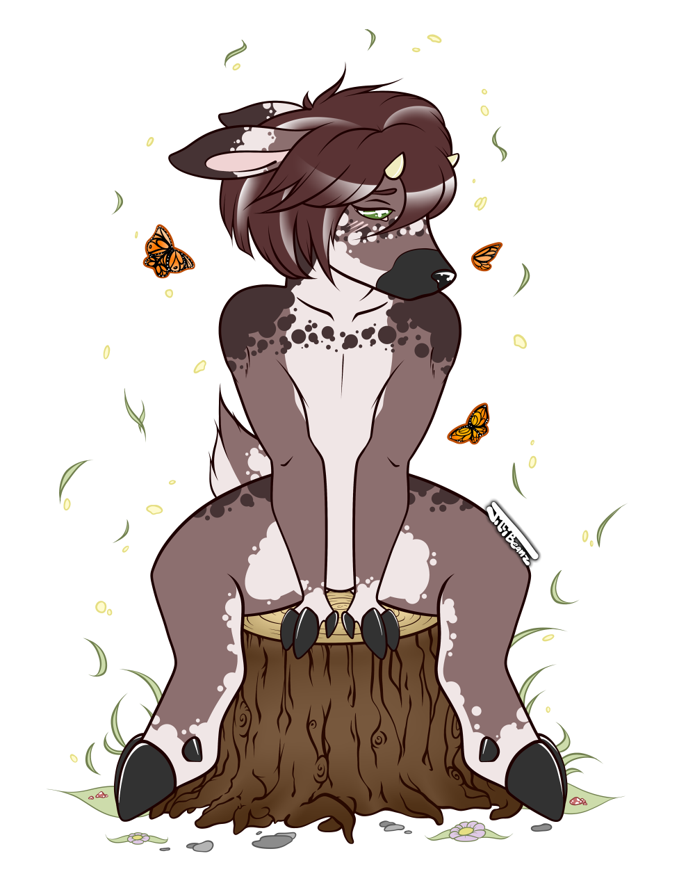 2_toes 3_fingers anthro arthropod biped black_nose blush butterfly cervine featureless_crotch fur gale_(stilledfox) grass hair insect looking_at_viewer male mammal nude patromeris signature simple_background sitting solo toes tree_stump