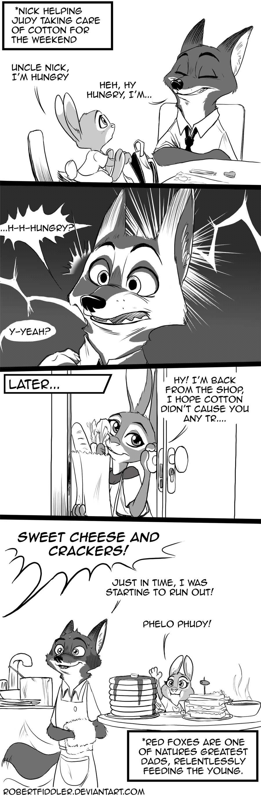2018 anthro canine chair clothed clothing comic cotton_(zootopia) cub cute dialogue disney eating english_text female food fox greyscale group holding_object inside judy_hopps lagomorph male mammal monochrome necktie nick_wilde pancake rabbit robertfiddler sandwich_(food) sitting soup speech_bubble standing sweat sweatdrop table teeth text towel young zootopia