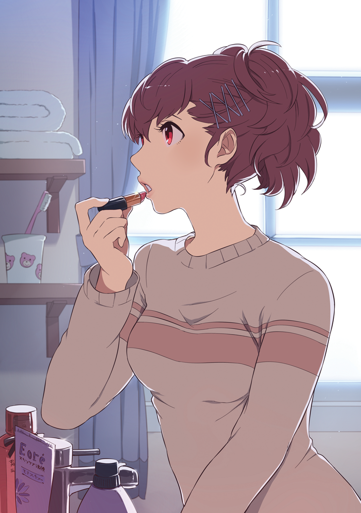 ai-wa applying_makeup backlighting bad_revision bangs beige_sweater bloom brown_hair cosmetics cup curtains female_protagonist_(persona_3) hair_ornament hair_strand hairpin indoors lipstick lipstick_tube long_sleeves lossy_revision makeup nape open_mouth persona persona_3 persona_3_portable ponytail red_eyes shelf solo sweater toothbrush towel upper_body window x_hair_ornament