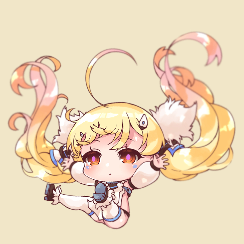 :o azur_lane bare_shoulders black_footwear blonde_hair blurry blurry_background blush breasts brown_background chibi commentary_request depth_of_field detached_sleeves dress eldridge_(azur_lane) facial_mark fur_trim gradient_hair hair_ornament long_hair long_sleeves multicolored_hair orange_hair outstretched_arms parted_lips pikomarie puffy_long_sleeves puffy_sleeves red_eyes shoes simple_background sleeveless sleeveless_dress small_breasts solo spread_arms thighhighs twintails very_long_hair white_dress white_legwear