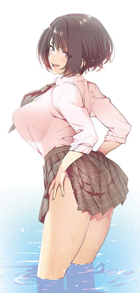 :d arched_back bangs bob_cut breasts brown_eyes brown_hair brown_skirt commentary_request dripping high-waist_skirt large_breasts lifted_by_self long_legs looking_at_viewer miniskirt musha_sabu open_mouth original plaid plaid_skirt pleated_skirt school_uniform see-through see-through_silhouette shirt_tucked_in short_hair skirt skirt_lift sleeves_rolled_up smile standing thighs wading