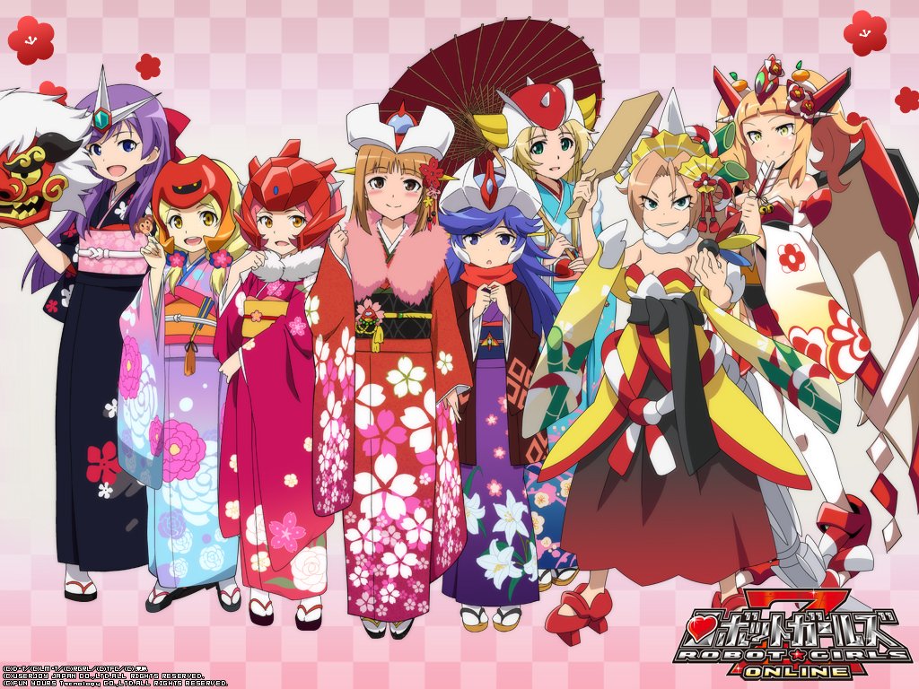 6+girls blonde_hair blue_eyes braid breasts brown_hair character_request dated dress female gre-chan grenda-san happy happy_new_year hat helmet japanese_clothes kimono long_hair looking_at_viewer mask multiple_girls new_year open_mouth purple_hair red_eyes robot_girls_z shiny smile solo team translation_request twin_braids z-chan