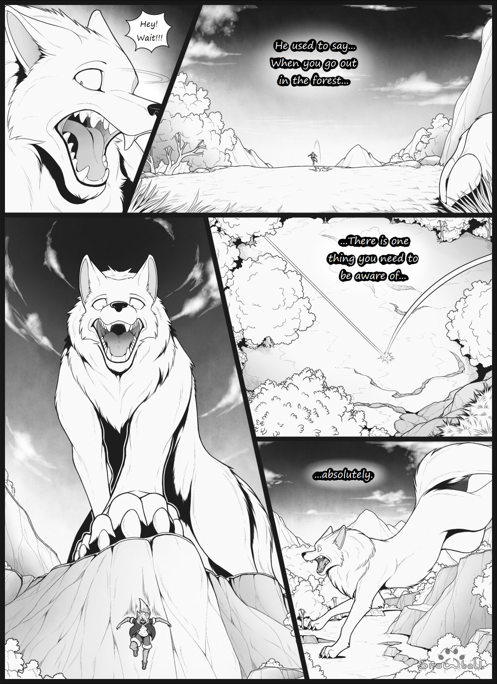 anthro canine clothing comic english_text female feral hi_res macro male mammal monochrome s2-freak text wolf