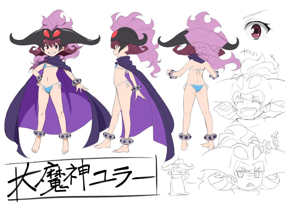 1girl ass barefoot bikini breasts cape character female full_body happy long_hair multiple_views red_eyes request robot_girls_z shiny shorts simple_background small_breasts smile solo swimsuit thighs translation_request white_background