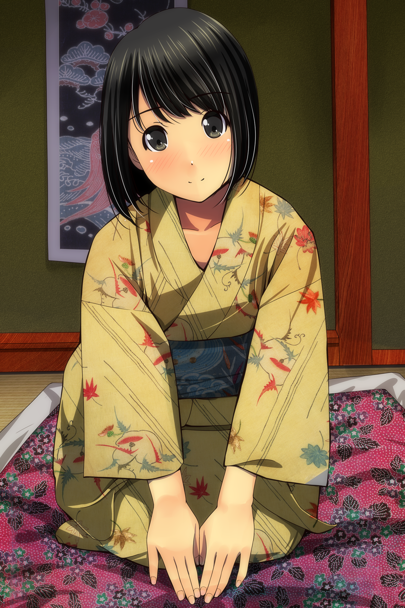 black_eyes black_hair blush closed_mouth collarbone commentary_request fingernails futon hanging_scroll head_tilt highres indoors japanese_clothes kimono leaf_print long_hair long_sleeves matsunaga_kouyou nose_blush obi original own_hands_together print_kimono sash scroll seiza sitting smile solo wide_sleeves yellow_kimono