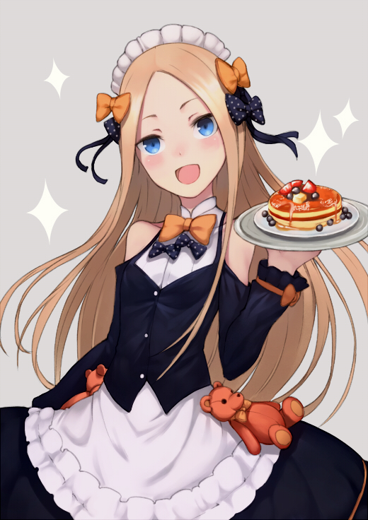abigail_williams_(fate/grand_order) alternate_costume apron bangs banned_artist black_bow black_dress blonde_hair blue_eyes blueberry blush bow bowtie commentary_request dress enmaided fate/grand_order fate_(series) food forehead frills fruit grey_background hair_bow kyoeiki long_hair looking_at_viewer maid maid_apron maid_headdress open_mouth orange_bow pancake parted_bangs plate polka_dot polka_dot_bow shoulder_cutout simple_background smile solo sparkle strawberry stuffed_animal stuffed_toy teddy_bear tray waist_apron