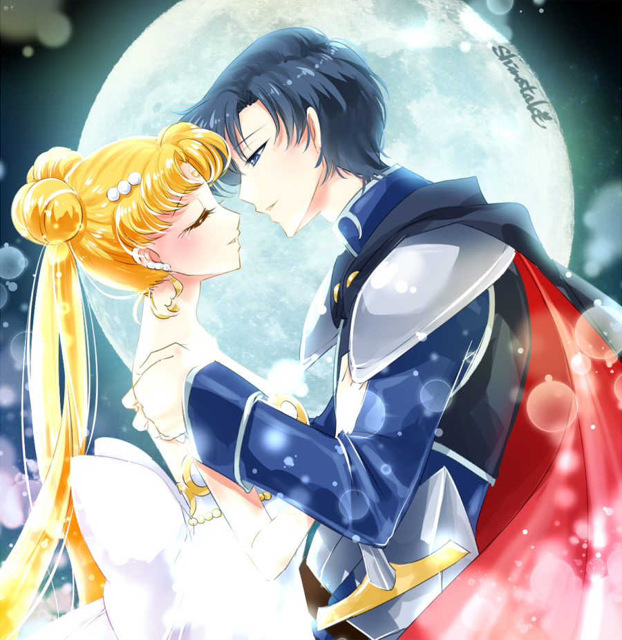 1girl bishoujo_senshi_sailor_moon black_cape black_hair blonde_hair blue_eyes bow cape chiba_mamoru closed_eyes double_bun dress earrings endymion from_side full_moon hair_ornament imminent_kiss jewelry lens_flare long_hair moon princess_serenity shirataki_kaiseki short_hair shoulder_armor signature sleeveless sleeveless_dress spaulders strapless strapless_dress tsukino_usagi twintails upper_body very_long_hair white_bow white_dress