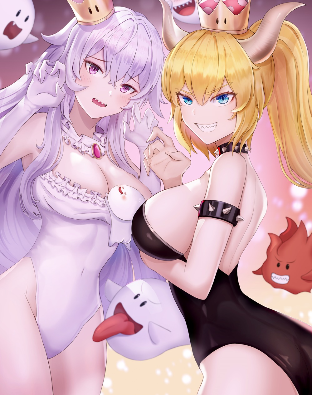 armlet bare_shoulders black_leotard blonde_hair blue_eyes blush boo bowsette breasts choker claw_pose cleavage clenched_teeth collar covered_navel crown frilled_choker frilled_leotard frills gloves highleg highleg_leotard highres horns kottungyang large_breasts leotard long_hair looking_at_viewer luigi's_mansion mario_(series) multiple_girls new_super_mario_bros._u_deluxe open_mouth ponytail princess_king_boo purple_eyes sharp_teeth short_hair spiked_armlet spiked_collar spikes super_crown teeth white_choker white_gloves white_leotard