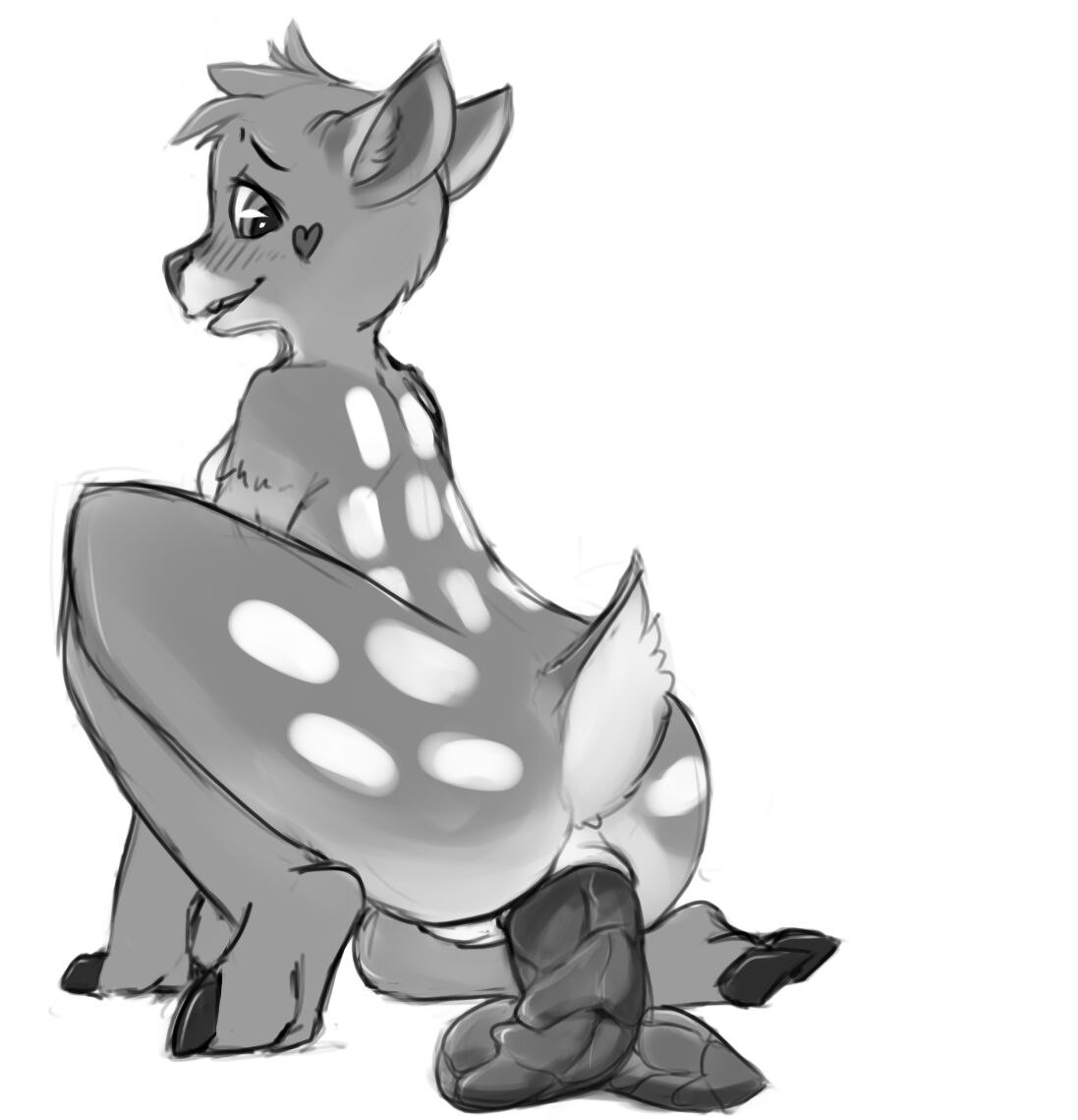 &lt;3 anthro anus beau_(stilledfox) blush breasts cervine crouching embarrassed feces female greyscale humanoid_pussy looking_back mammal monochrome nude pooping pussy rear_view scat semi-anthro shy simple_background solo white-tailed_deer white_background yin738