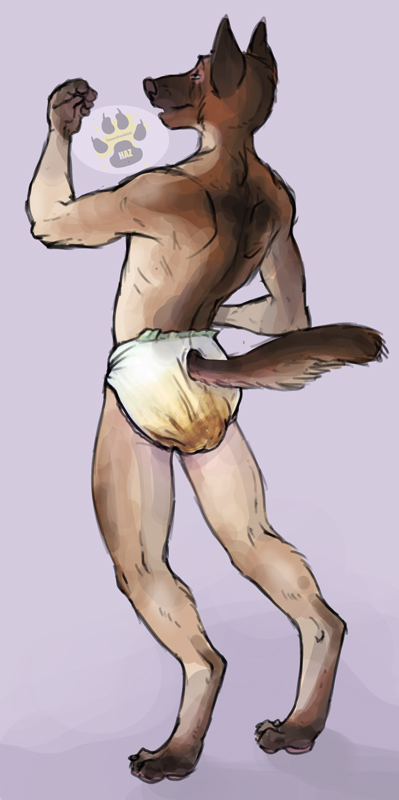 anthro biped canine clothed clothing diaper digitigrade dog feces hazardouskink male mammal messy_diaper partially_clothed pooping rear_view scat soiling standing topless