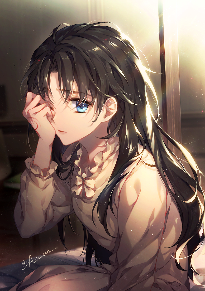 arm_up bangs bed_sheet black_hair blue_eyes blurry blurry_background brown_hair chair closed_mouth commentary depth_of_field eyebrows_visible_through_hair fate/stay_night fate_(series) h_sueun hair_between_eyes hair_down highres indoors light_particles light_rays long_hair long_sleeves looking_at_viewer messy_hair one_eye_closed pajamas puffy_long_sleeves puffy_sleeves rubbing_eyes sitting solo toosaka_rin twitter_username very_long_hair waking_up zelovel