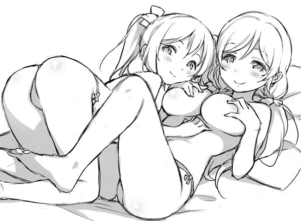 all_fours areolae ass barefoot bed_sheet between_legs blush bow covering_nipples deyuuku eyebrows_visible_through_hair greyscale hair_bow hair_ribbon hands_on_own_chest long_hair love_live! love_live!_school_idol_project lying monochrome multiple_girls on_back panties pillow ribbon smile topless toujou_nozomi twintails underwear yazawa_nico