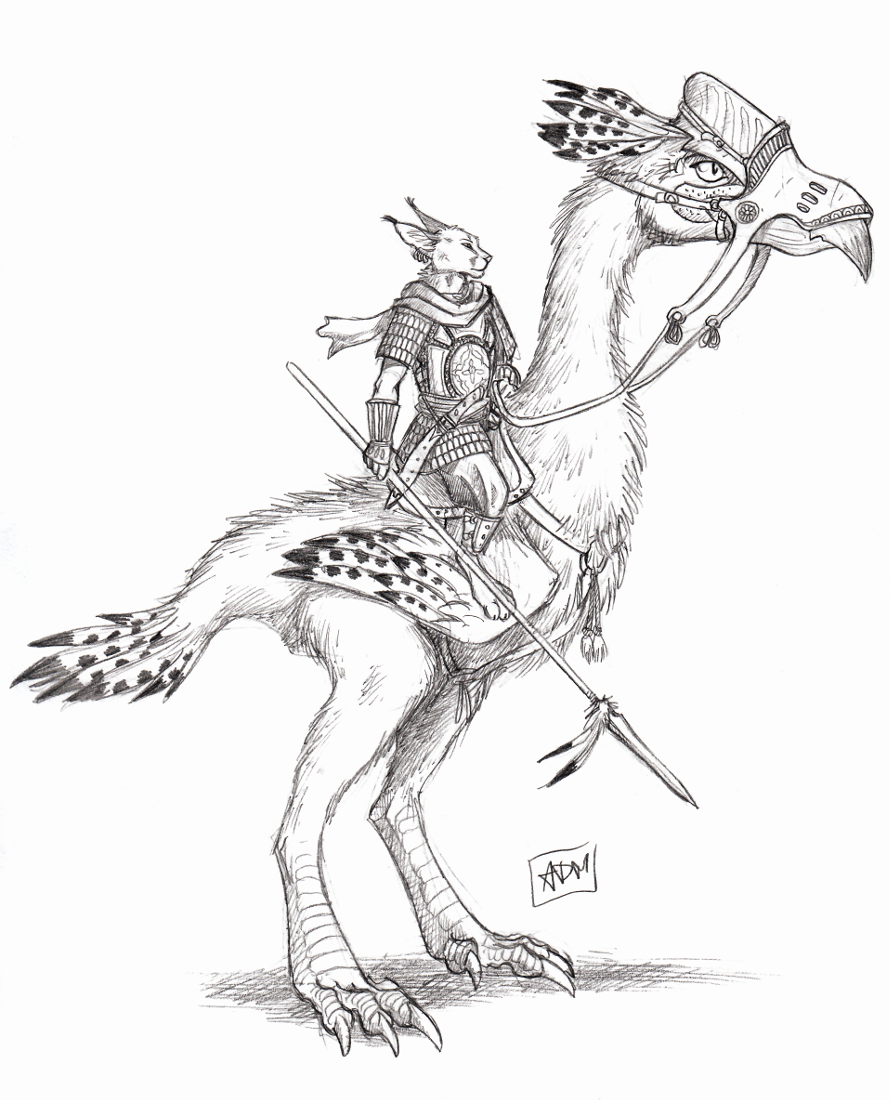 0laffson 2018 anthro armor avian barefoot beak bird caracal clothed clothing feline holding_object holding_weapon mammal melee_weapon polearm riding simple_background sitting sketch spear standing traditional_media_(artwork) weapon white_background