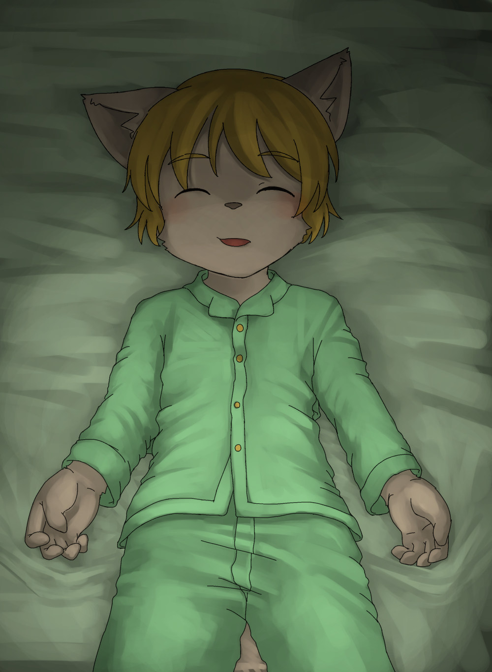 5_fingers anthro blonde_hair blush canine child clothing cub dog eyes_closed hair male mammal open_mouth pajamas sfh sleeping solo young
