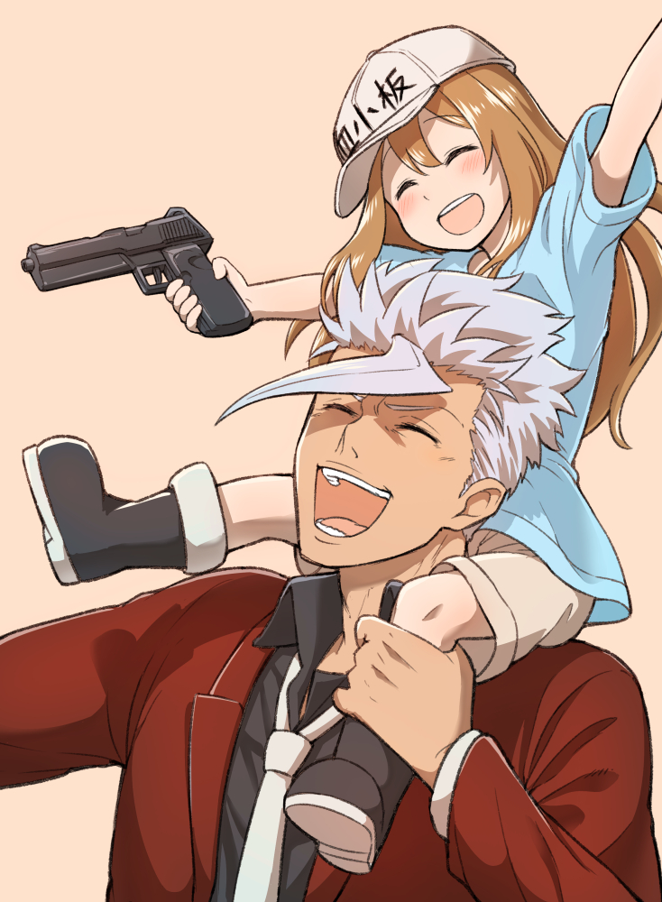 1girl :d baseball_cap blush boots brown_hair carrying closed_eyes clothes_writing commentary_request crossover grey_hair gun gundam gundam_tekketsu_no_orphans hair_between_eyes handgun hat hataraku_saibou laughing long_hair long_sleeves necktie open_mouth orga_itsuka otonari pistol platelet_(hataraku_saibou) short_hair_with_long_locks shoulder_carry smile weapon