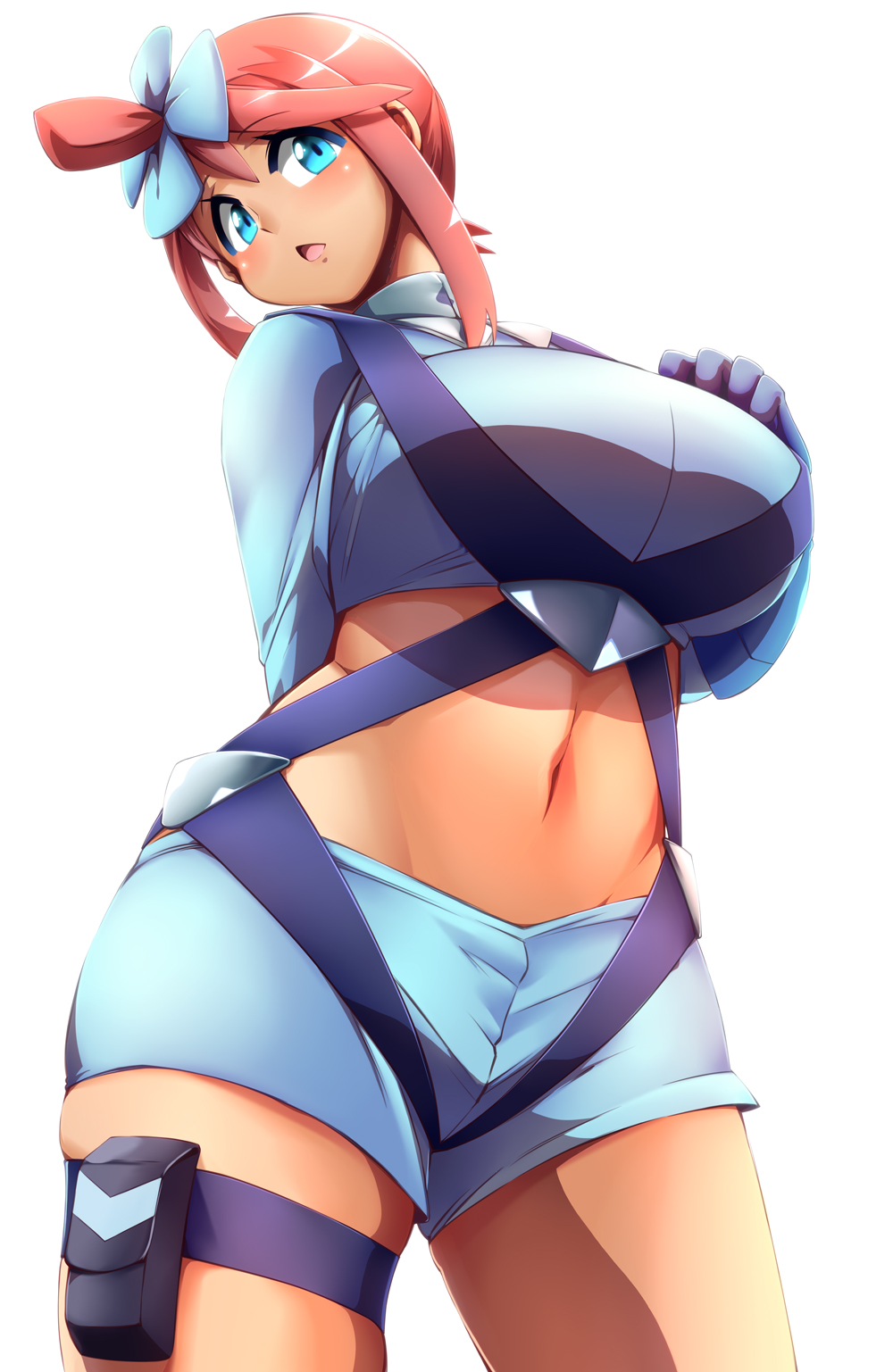 arm_behind_back blue_eyes blue_gloves blue_jacket blue_shorts breasts crop_top cropped_jacket eyebrows_visible_through_hair fuuro_(pokemon) gloves gym_leader hair_ornament hand_on_own_chest hand_up head_tilt highres hips huge_breasts jacket long_sleeves looking_at_viewer medium_hair midriff navel open_mouth pokemon pokemon_(game) pokemon_bw pouch red_hair shiny shiny_hair shorts sidelocks simple_background skindentation solo standing stomach suspenders thigh_pouch thigh_strap tokyo_(great_akuta) upper_body white_background