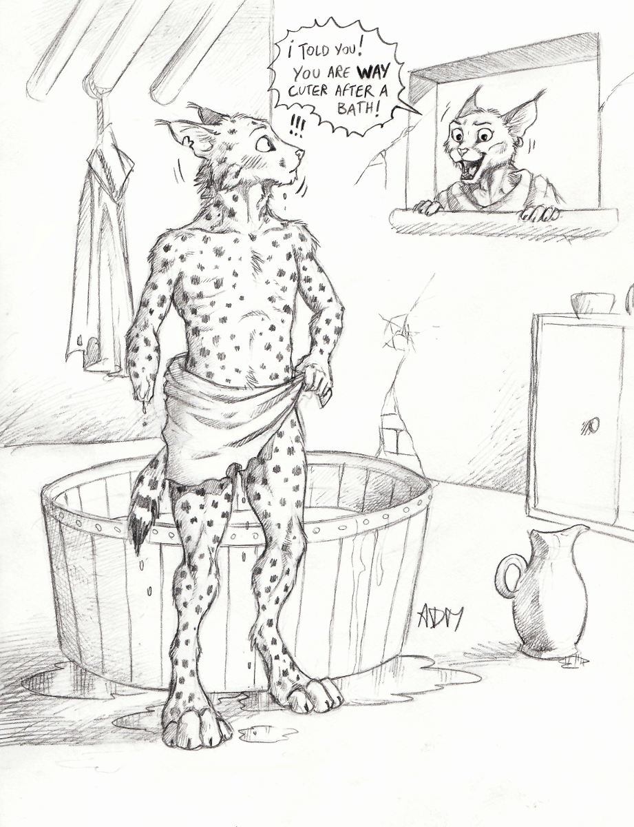 0laffson 2018 5_fingers amputee anthro barefoot caracal digitigrade english_text feline female fur lynx male mammal open_mouth sketch spots spotted_fur teeth text tongue towel traditional_media_(artwork) water