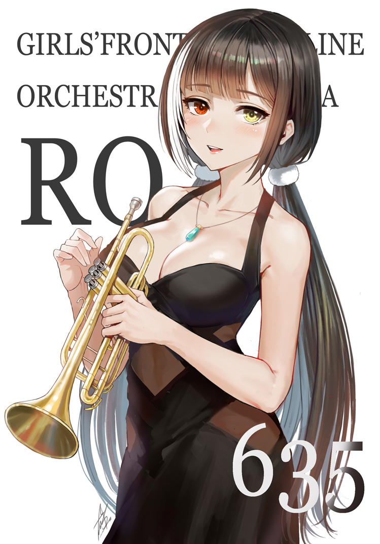 alternate_costume amethyst bangs black_dress black_hair blush breasts character_name cleavage collarbone commentary dress eyebrows_visible_through_hair girls_frontline heterochromia holding holding_instrument instrument jewelry long_hair looking_at_viewer low_twintails medium_breasts multicolored_hair necklace open_mouth red_eyes ro635_(girls_frontline) sidelocks signature simple_background smile solo streaked_hair taesi trumpet twintails white_background white_hair yellow_eyes
