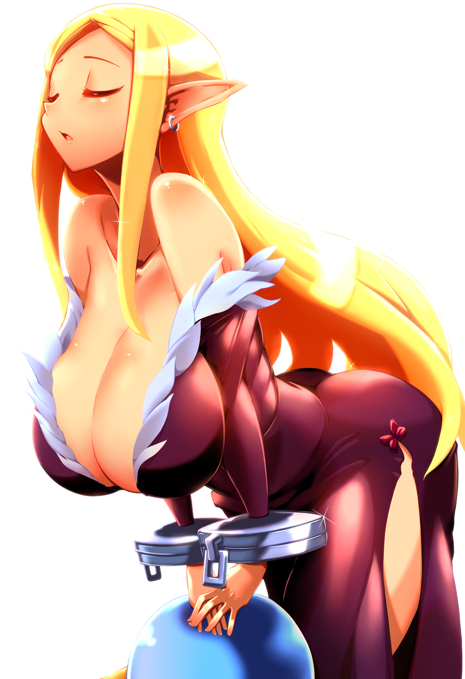 1girl ass bare_shoulders blonde_hair breasts cleavage cuffs curvy disgaea earring eyes_closed healer_(disgaea) hips huge_ass huge_breasts large_breasts long_hair open_mouth prinny solo thick_thighs thighs tokyo_(great_akuta) wide_hips