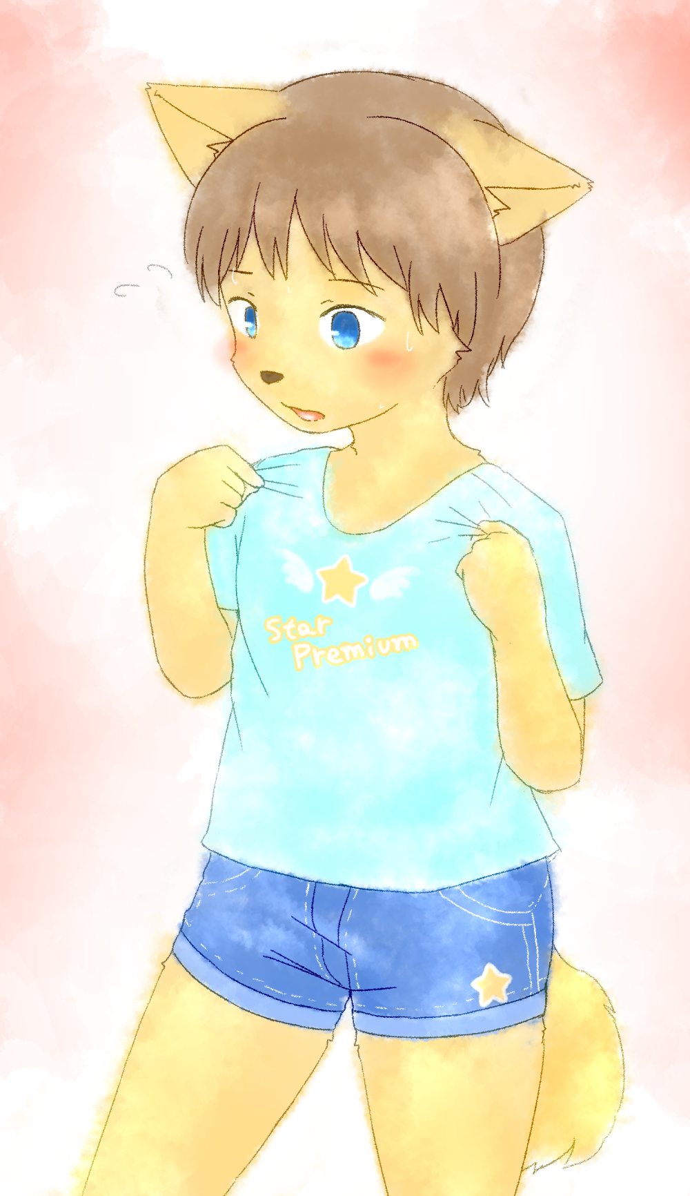 5_fingers anthro blue_eyes blush canine child clothing cub dog male mammal open_mouth sfh shirt shorts simple_background solo t-shirt young