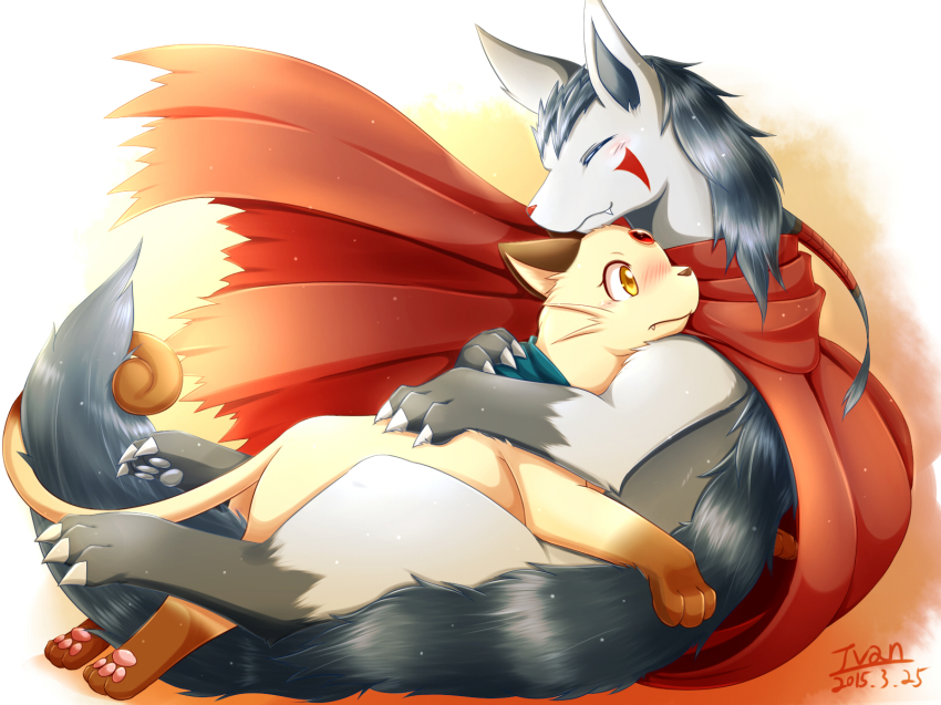 clothed clothed_feral clothing duo eyes_closed female feral happy hug ivan love male male/female mightyena nintendo persian pok&eacute;mon pok&eacute;mon_(species) video_games