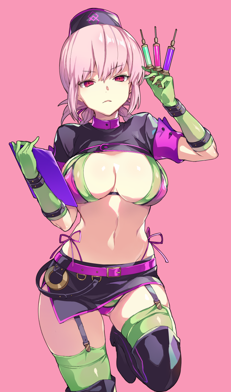 bangs between_fingers bikini black_footwear black_hat blush boots braid breasts cleavage clipboard collarbone commentary_request fate/grand_order fate_(series) florence_nightingale_(fate/grand_order) garrison_cap gloves green_bikini green_gloves green_legwear hair_between_eyes hat highres hips large_breasts layered_bikini long_hair looking_at_viewer microskirt navel nurse open_mouth pink_background pink_hair purple_belt purple_bikini red_hair revealing_clothes short_sleeves shrug_(clothing) simple_background single_braid skirt solo swimsuit syringe thigh_boots thighhighs thighhighs_under_boots thighs trick_or_treatment vivivivi