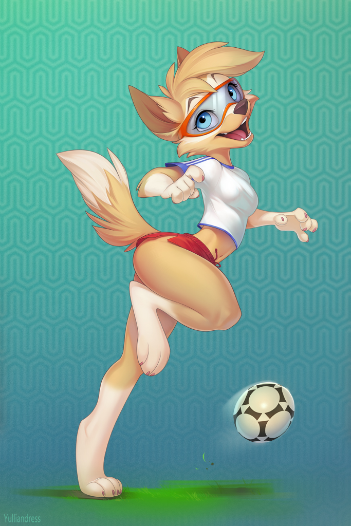 2018 5_fingers anthro ball barefoot blue_eyes breasts butt_pose canine crossgender digital_media_(artwork) eyewear female fifa mammal mascot one_leg_up open_mouth simple_background smile soccer_ball solo standing teeth tongue track_shorts wolf yulliandress zabivaka