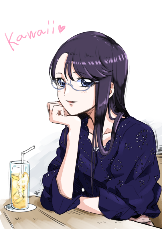 black_hair blue_eyes blue_shirt chin_rest collarbone cup drinking_glass drinking_straw glasses heart heartcatch_precure! long_hair looking_at_viewer precure romaji semi-rimless_eyewear shirt sitting smile solo tsukikage_oyama tsukikage_yuri under-rim_eyewear upper_body white_background wooden_table