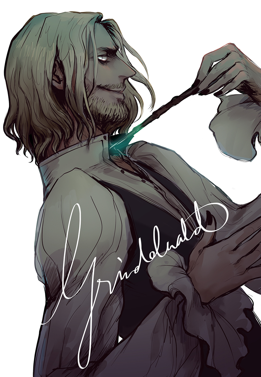 beard character_name facial_hair fantastic_beasts_and_where_to_find_them gellert_grindelwald highres male_focus mush_(mush007) nail_polish solo wand white_background white_eyes white_hair