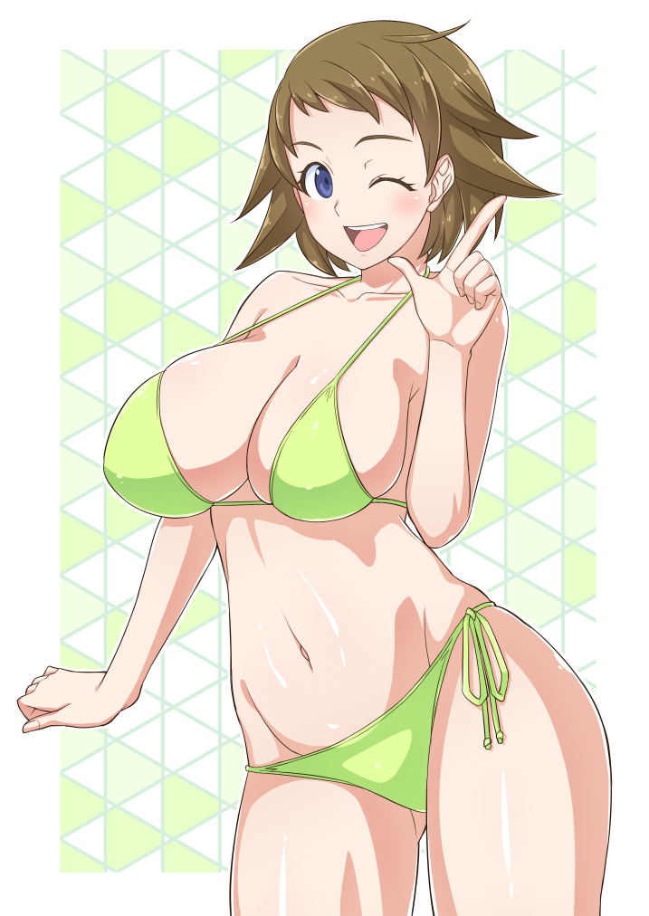 ;d ass_visible_through_thighs bangs bikini blue_eyes breasts brown_hair cleavage clenched_hand commentary cowboy_shot green_background green_bikini gundam gundam_build_divers igarashi_(igarashi_346) large_breasts looking_at_viewer nanase_nanami_(gundam_build_divers) navel one_eye_closed open_mouth short_hair side-tie_bikini skin smile solo standing swimsuit thighs