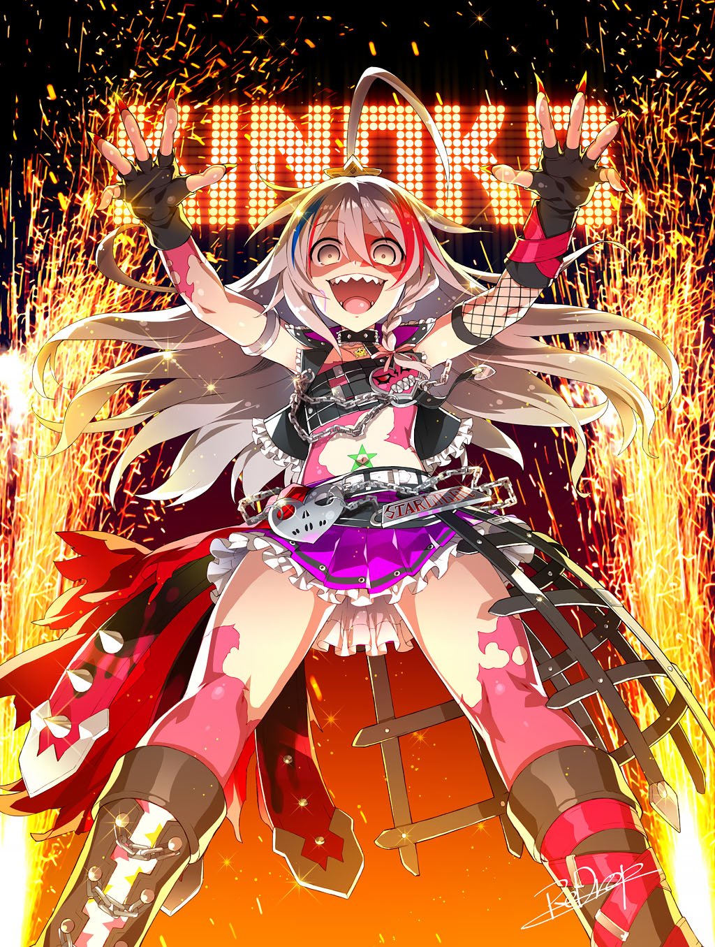 :d ahoge belt black_gloves bodypaint boots bow braid chain collar crazy_eyes crazy_smile crop_top eyebrows_visible_through_hair fingerless_gloves fingernails fireworks fishnets frilled_jacket frilled_skirt frills from_below gloves grey_eyes grey_hair hair_bow highres hoshi_shouko idolmaster idolmaster_cinderella_girls jacket leather leather_jacket long_fingernails long_hair looking_at_viewer midriff miniskirt multicolored_hair navel open_mouth pleated_skirt redrop sharp_nails sharp_teeth side_braid signature single_braid skirt skull_necklace smile sparks spiked_collar spikes standing star_tattoo studded_belt tattoo teeth