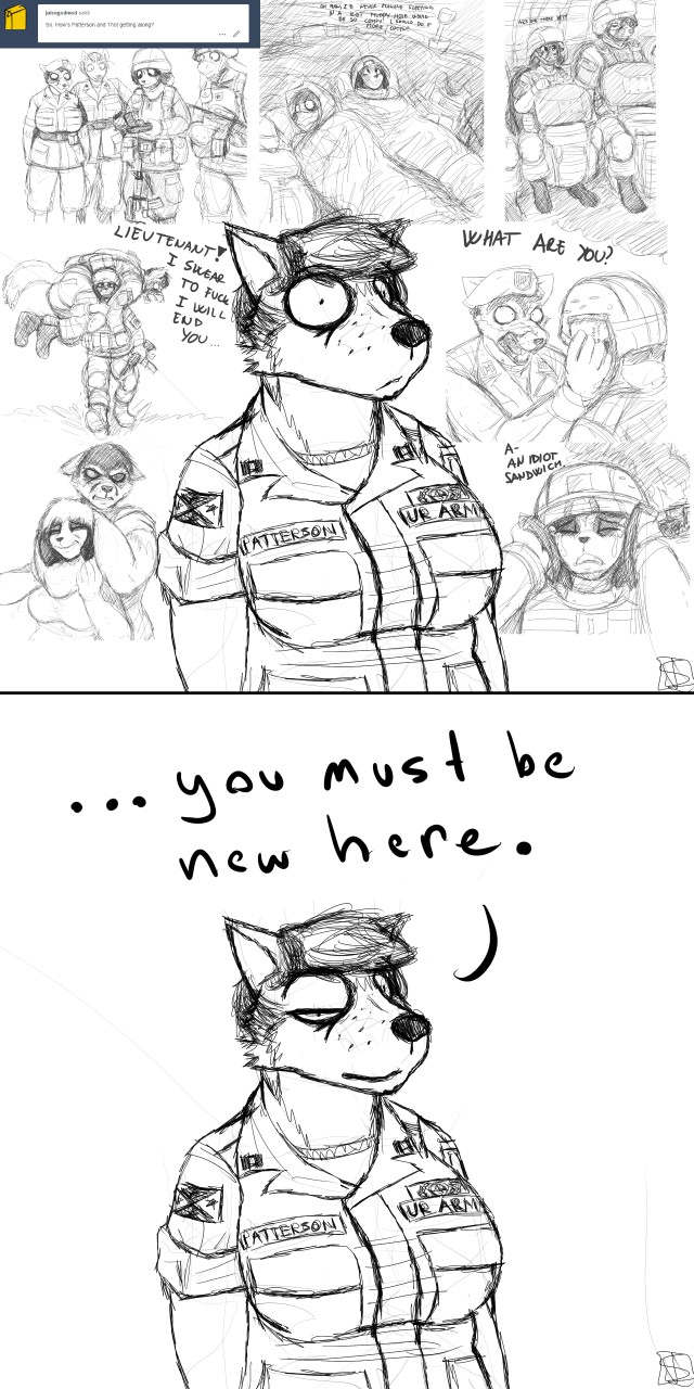 2018 anthro army avery_von_kellerman big_breasts black_and_white breasts canine clothed clothing comic daydream dialogue dog dream english_text female flashback fox fully_clothed hladilnik humor mammal military monochrome peggy_patterson ptsd samantha_thott savagelyrandom simple_background soldier text tumblr_ask uniform