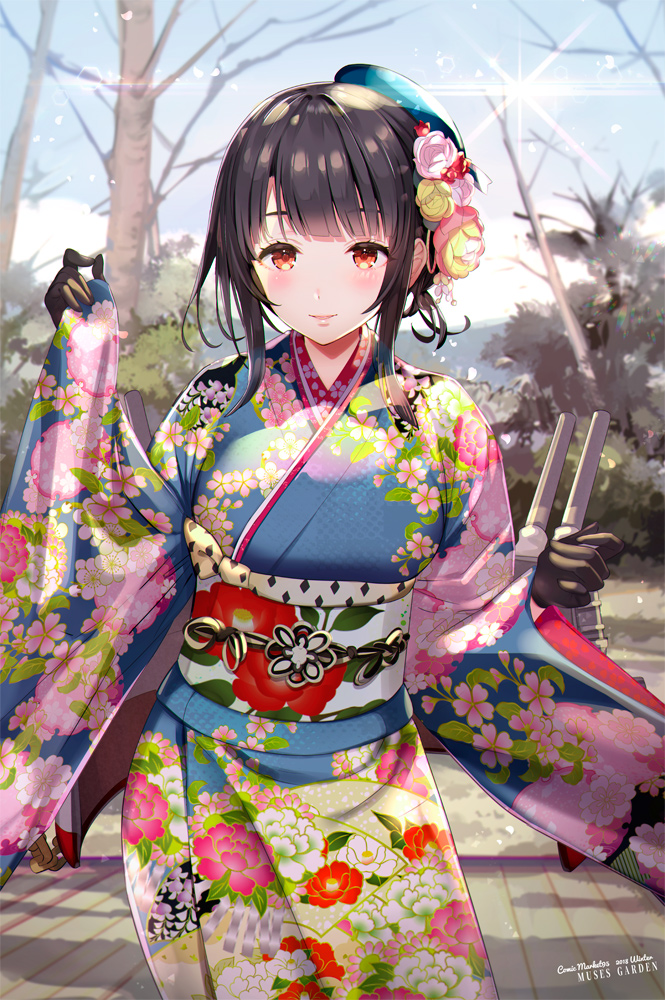 1girl bangs beret black_gloves black_hair blue_hat blue_kimono blue_sky blush breasts cannon cloud day floral_print flower gloves hair_flower hair_ornament hand_up hands_up hat hayakawa_akari japanese_clothes kantai_collection kimono large_breasts lens_flare looking_at_viewer obi outdoors petals red_eyes rigging sash short_hair sidelocks sky sleeves_past_wrists smile solo takao_(kantai_collection) tree turret wide_sleeves