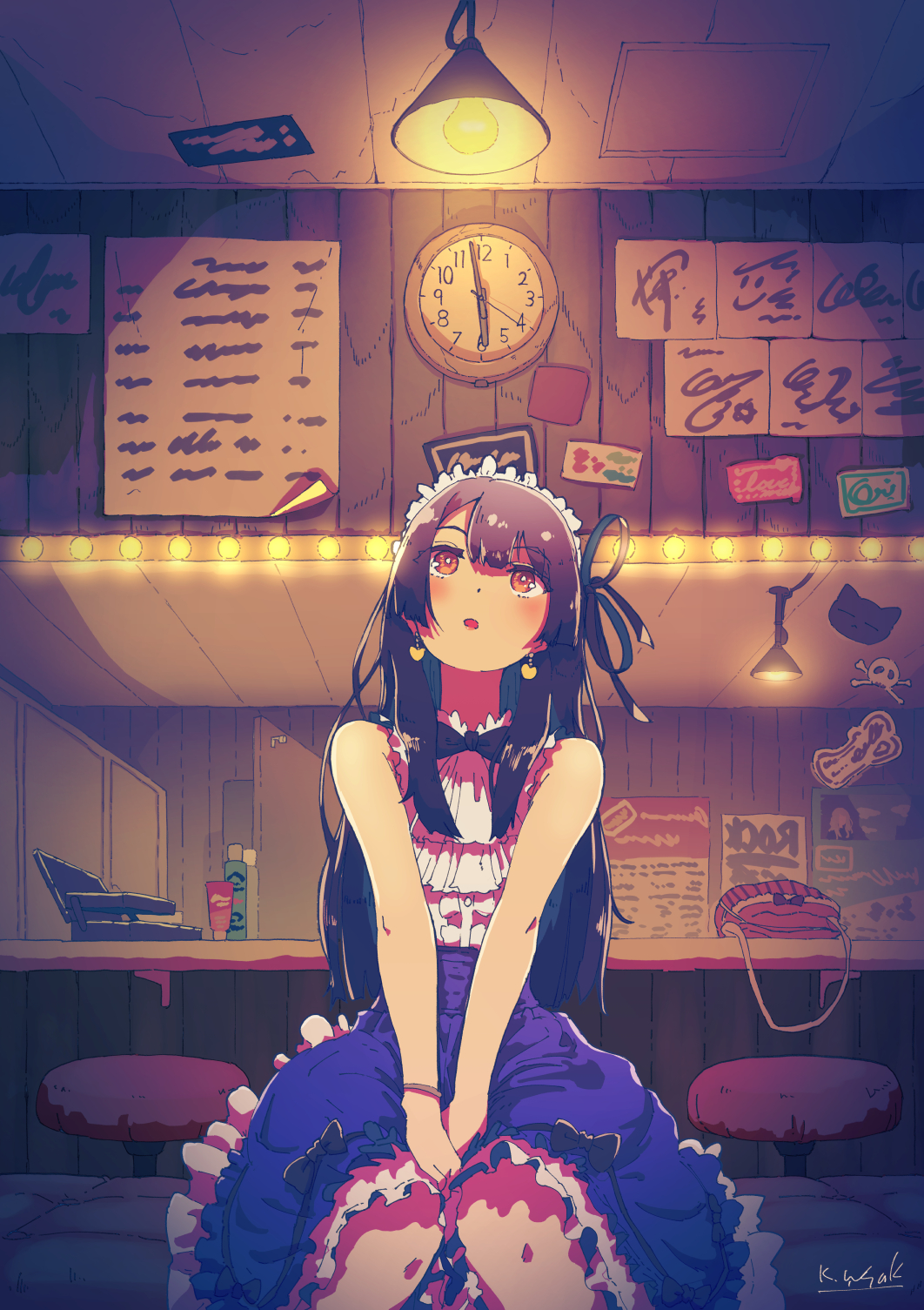 analog_clock bag bangs bare_shoulders black_hair bow brown_eyes ceiling_light clock commentary cowboy_shot dress earrings eyebrows_visible_through_hair frilled_dress frilled_hairband frills hair_ribbon hairband handbag hands_on_lap head_tilt highres indoors jewelry kagawa_yuusaku knees_together_feet_apart lamp long_hair looking_up mirror mirrored open_mouth original revision ribbon signature sitting solo staring stool v_arms