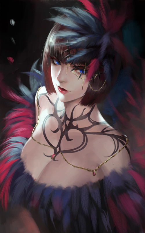 anna_williams bangs bare_shoulders blue_eyes closed_mouth commentary_request dress feathers fur_trim hair_feathers hair_ornament jewelry looking_at_viewer multicolored_hair necklace phamoz red_lips sleeveless sleeveless_dress tattoo tekken tekken_7