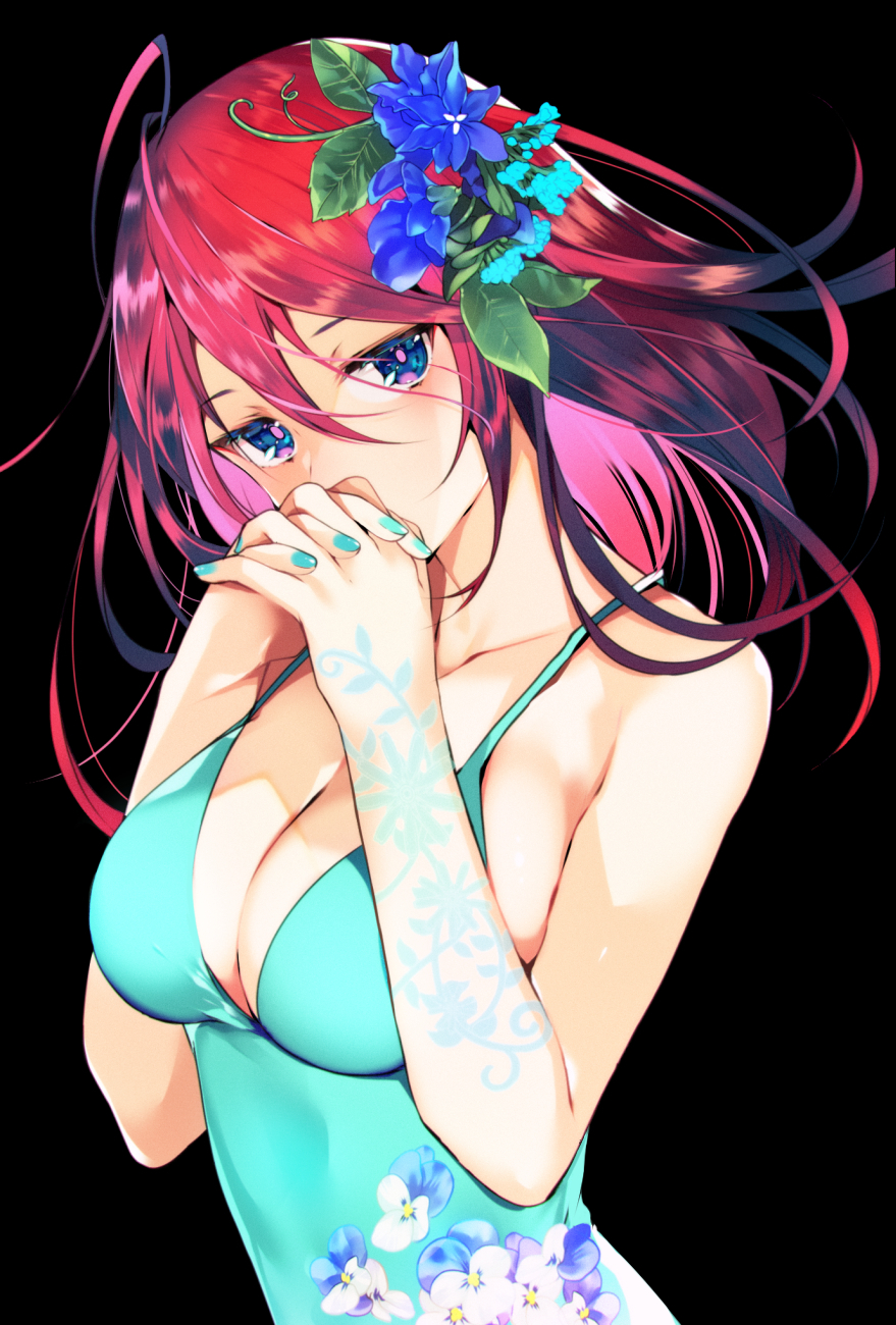 arm_tattoo bangs banned_artist bare_arms bare_shoulders black_background blue_dress blue_eyes blue_flower breasts cleavage collarbone commentary_request covered_mouth dress eyebrows_visible_through_hair floral_print flower hair_between_eyes hair_flower hair_ornament hands_clasped hands_up head_tilt highres long_hair medium_breasts original own_hands_together print_dress red_hair sleeveless sleeveless_dress solo tattoo tetsubuta upper_body