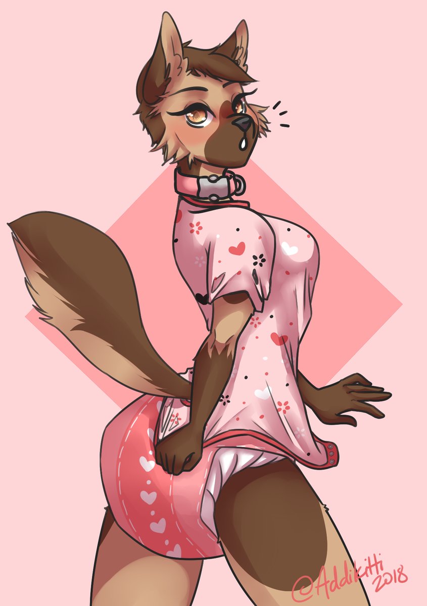 5_fingers anthro biped breasts brown_hair canine clothed clothing collar diaper dog eyebrows female fluffy fluffy_tail fully_clothed fur german_shepherd hair humanoid_hands kana_(draugr) mammal open_mouth rear_view shirt signature sriiracha standing surprise
