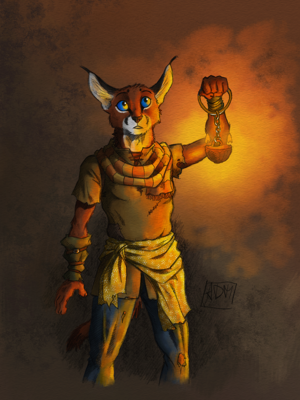 0laffson 2018 anthro blue_eyes brown_fur caracal clothed clothing digital_media_(artwork) feline female fur lantern mammal shadi_(0laffson) simple_background solo standing