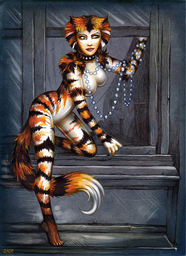 2009 barefoot candra cat cats cats_(musical) feline female green_eyes lipstick mammal necklace rumpleteazer solo stripes window