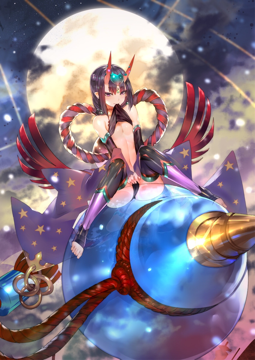 ass bangs bare_shoulders barefoot black_legwear breasts clothes_lift collarbone commentary_request detached_sleeves dudou earrings fate/grand_order fate_(series) forehead_jewel full_moon fundoshi gourd headpiece highres horns japanese_clothes jewelry legs looking_at_viewer low_twintails moon mouth_hold navel night night_sky oni oni_horns pointy_ears purple_eyes purple_hair rope sash short_eyebrows short_hair short_twintails shuten_douji_(fate/grand_order) shuten_douji_(halloween)_(fate) sitting sky small_breasts smile solo star star_print teddy_(khanshin) thighs toeless_legwear twintails underboob