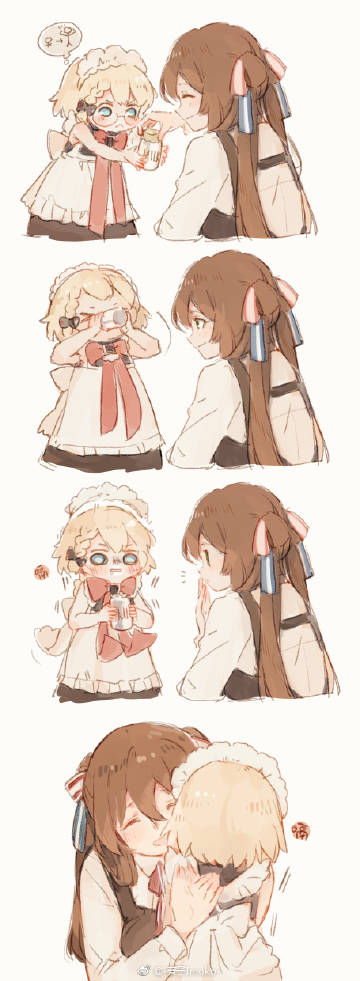 apron blonde_hair braid brown_hair chinese_commentary commentary_request drinking g36_(girls_frontline) girls_frontline glasses hiccup hug m1903_springfield_(girls_frontline) maid_headdress milk multiple_girls shuzi smile younger