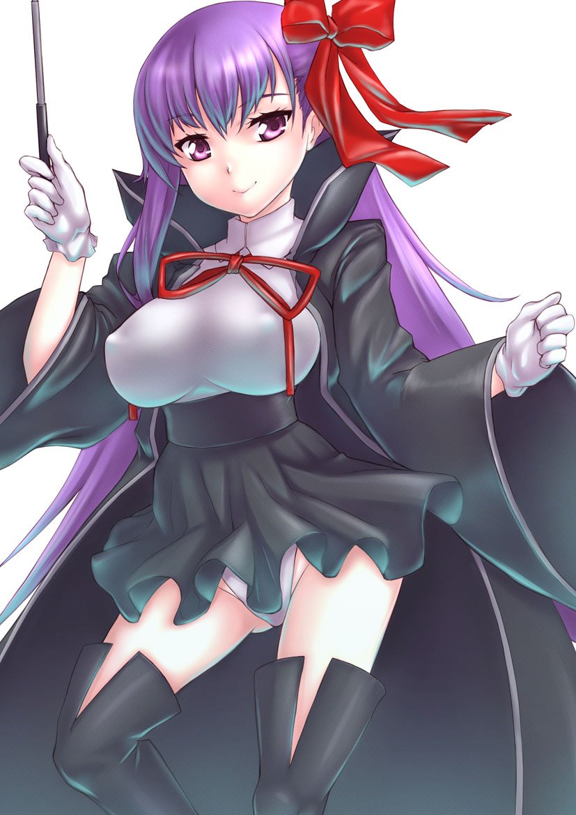 bangs bb_(fate)_(all) bb_(fate/extra_ccc) black_coat black_footwear boots bow breasts clenched_hand closed_mouth commentary_request covered_nipples cowboy_shot dress_shirt eyebrows_visible_through_hair fate/extra fate/extra_ccc fate/grand_order fate_(series) gloves hair_bow high-waist_skirt high_collar holding holding_wand impossible_clothes impossible_shirt large_breasts long_hair long_sleeves looking_at_viewer microskirt neck_ribbon panties purple_eyes purple_hair red_bow red_neckwear ribbon ruffled_skirt shiromitsu_suzaku shirt simple_background skirt smile solo standing thigh_boots thighhighs trench_coat underwear wand white_background white_gloves white_panties white_shirt wide_sleeves