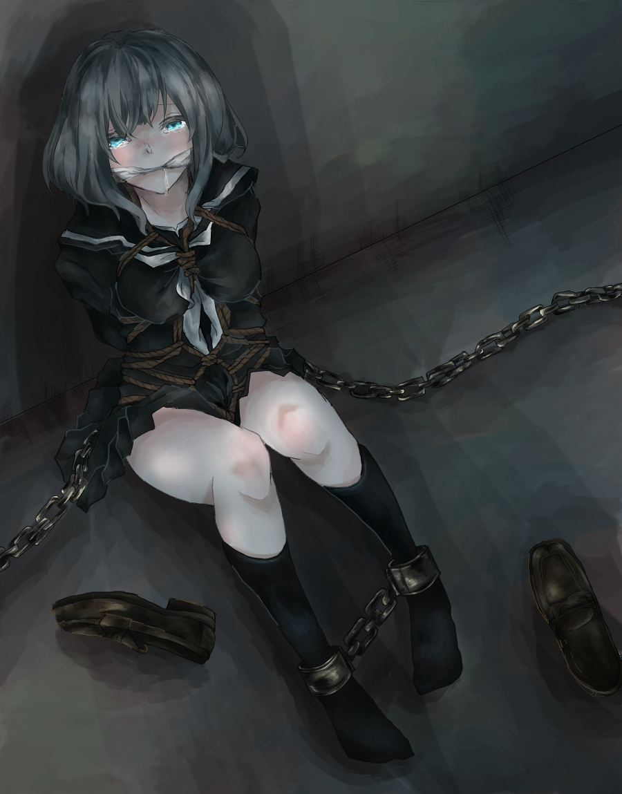 aqua_eyes bound bound_ankles chained_wrists commentary_request gag gagged improvised_gag looking_at_viewer medium_hair original school_uniform shibari shibari_over_clothes sumi_(2sumi_boku6) tears