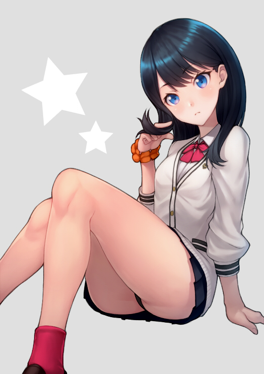 ass bangs banned_artist black_hair black_skirt blue_eyes blush bow closed_mouth commentary_request grey_background holding holding_hair kyoeiki legs long_hair long_sleeves looking_at_viewer pleated_skirt red_neckwear school_uniform scrunchie simple_background sitting skirt solo ssss.gridman star sweater swept_bangs takarada_rikka thighs white_sweater wrist_scrunchie