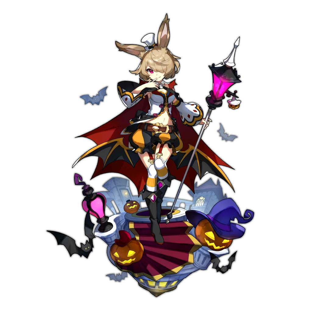 alternate_costume althemia animal_ears artist_request bat boots breasts brown_hair bunny_ears cleavage dragalia_lost full_body garter_straps holding lamp lampion looking_at_viewer non-web_source official_art red_eyes shorts staff thighhighs transparent_background