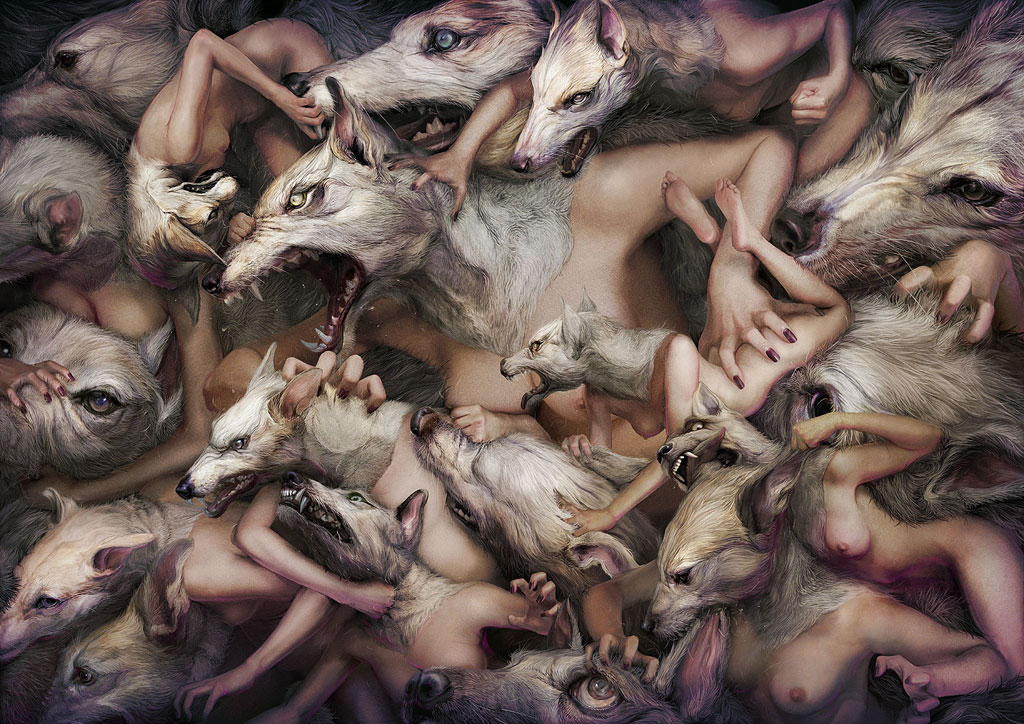 animal_head bite black_nose breasts canine fangs female fur mammal nipples open_mouth ryohei_hase snarling surreal surrealism tongue tongue_out whiskers white_fur