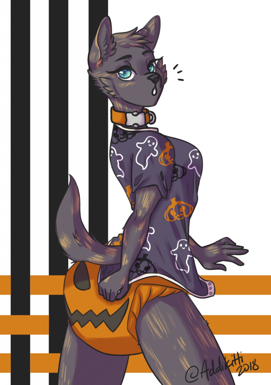anthro biped canine clothed clothing collar diaper dog dutch_shepherd eyebrows female fully_clothed fur hair halloween holidays jasmine_(draugr) looking_back mammal open_mouth simple_background solo sriiracha standing surprise
