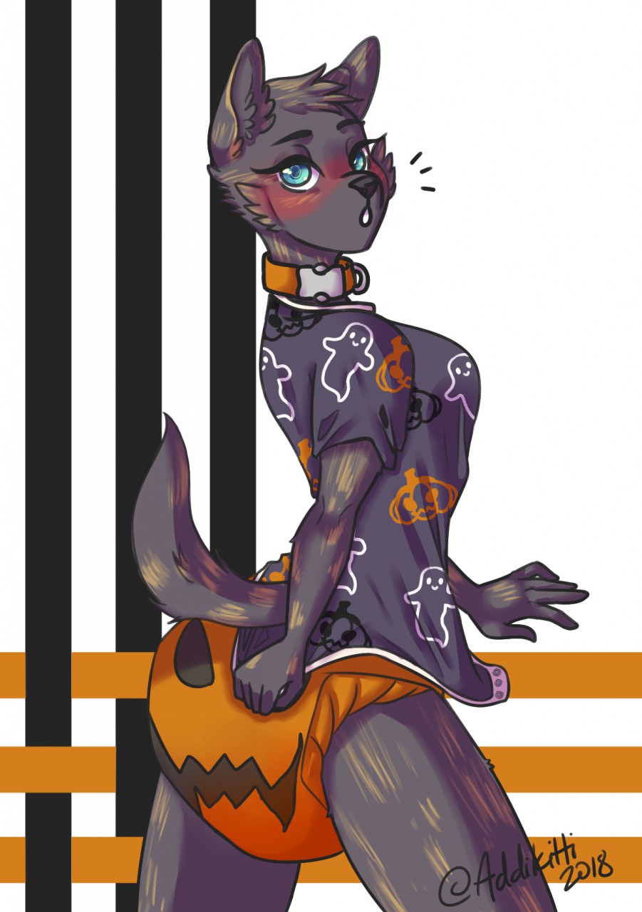 anthro biped canine clothed clothing collar diaper dog dutch_shepherd eyebrows female fully_clothed fur hair halloween holidays jasmine_(draugr) looking_back mammal open_mouth sagging_diaper simple_background solo sriiracha standing surprise urine wet_diaper wetting